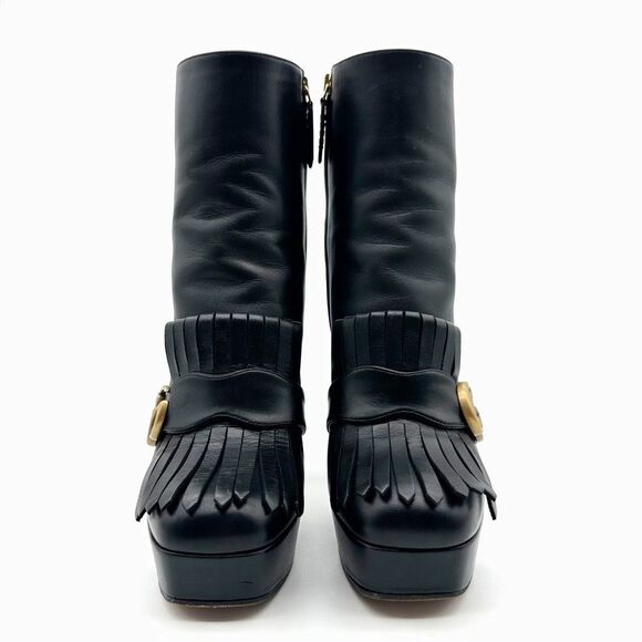 GUCCI Marmont Kiltie Fringe GG Platform Boots Size 39 US 9 Black Leather Ankle - Picture 7 of 12